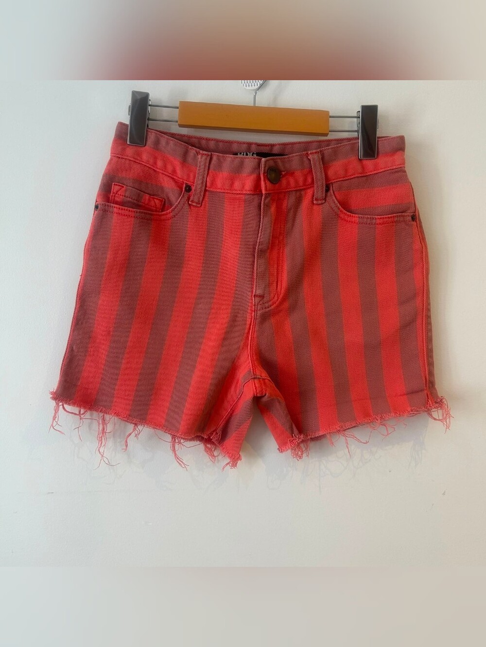 Y2K Indie Sleaze BDG Striped High Rise Cutoff Denim Shorts Red Orange Pink 27